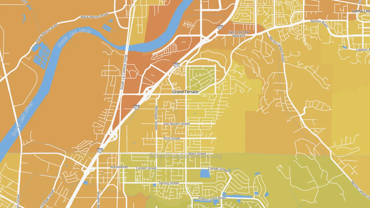 Map of the best neighborhoods in the 92313 area, with better matches in green and worse matches in red