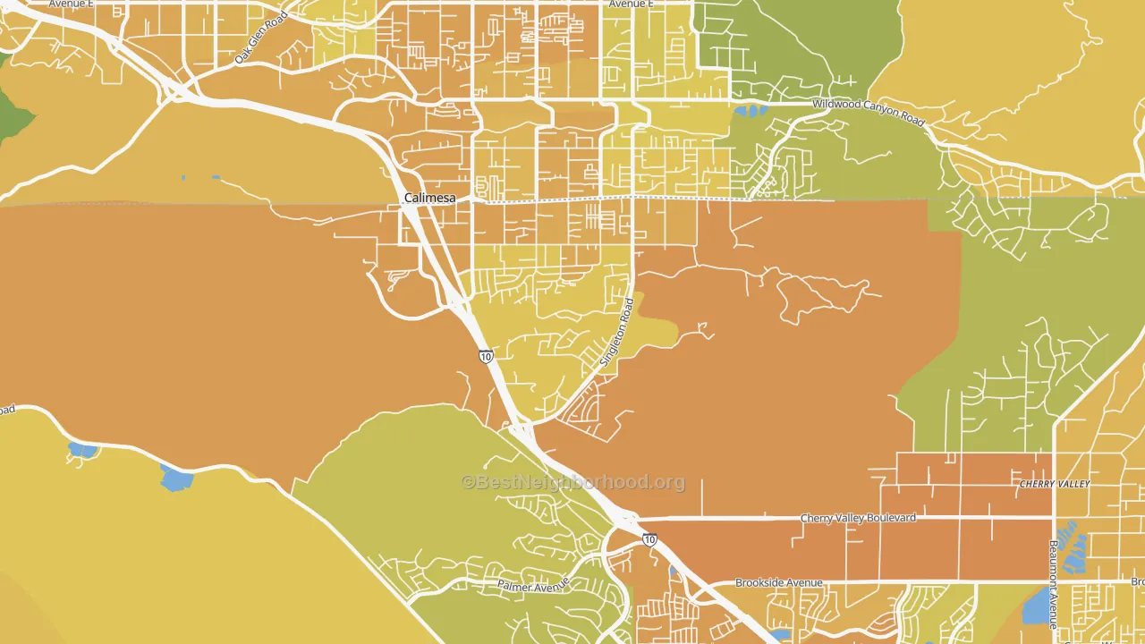 Map of the best neighborhoods in the 92320 area, with better matches in green and worse matches in red