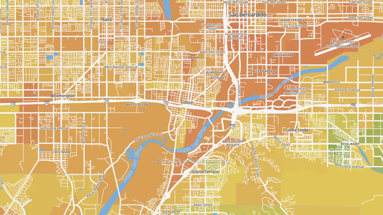Map of the best neighborhoods in the 92324 area, with better matches in green and worse matches in red