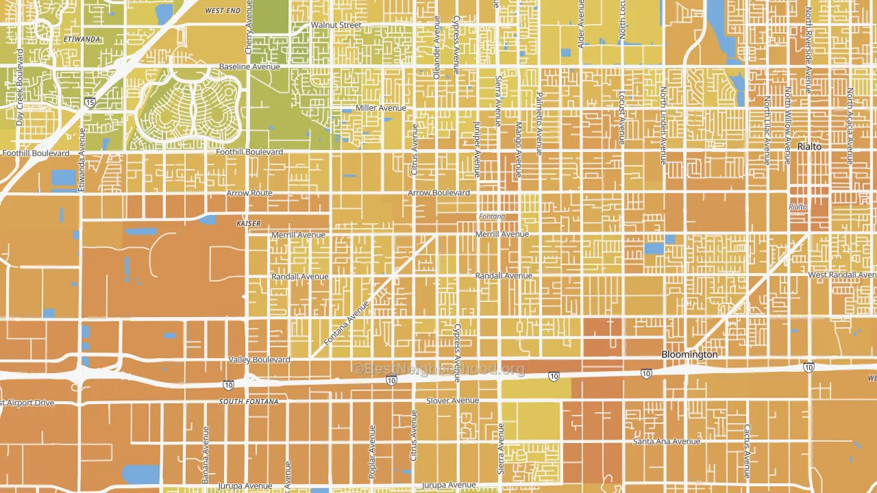 Map of the best neighborhoods in the 92335 area, with better matches in green and worse matches in red