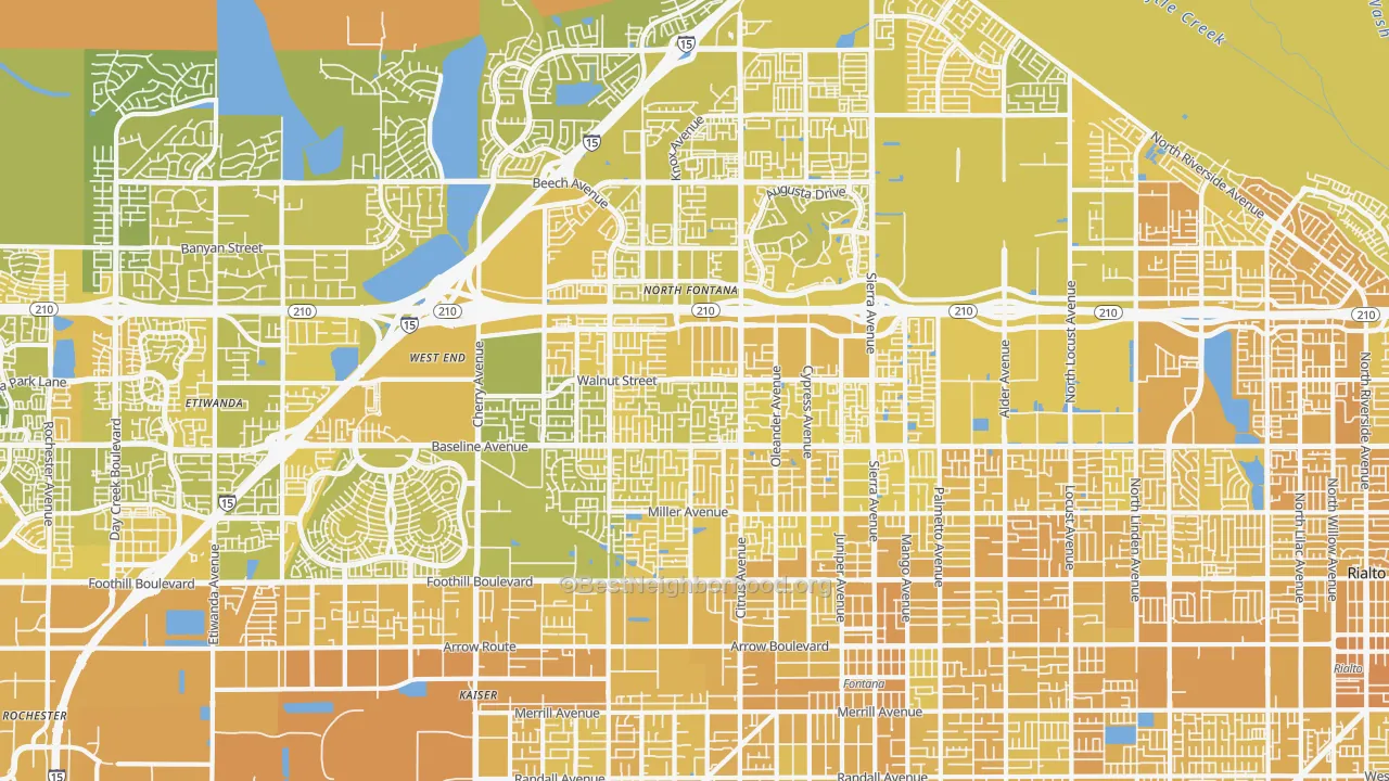 Map of the best neighborhoods in the 92336 area, with better matches in green and worse matches in red