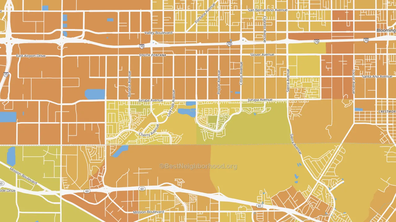 Map of the best neighborhoods in the 92337 area, with better matches in green and worse matches in red