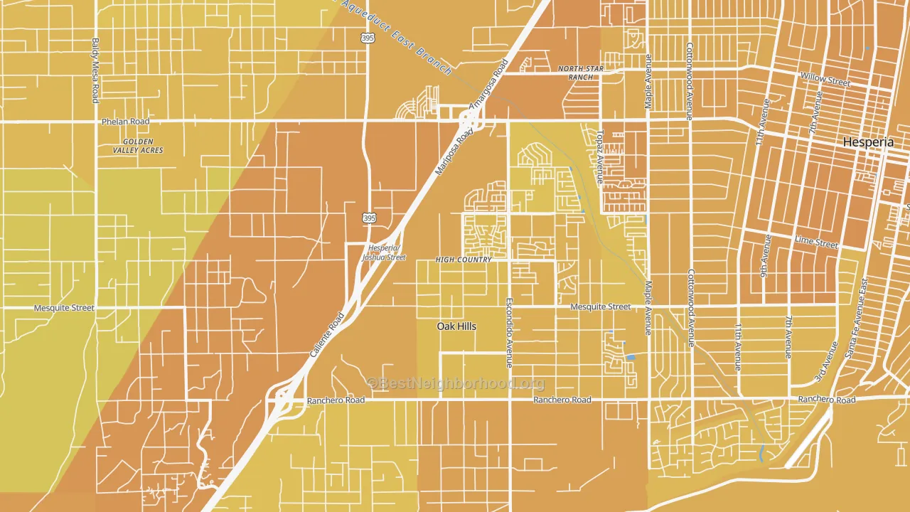 Map of the best neighborhoods in the 92344 area, with better matches in green and worse matches in red