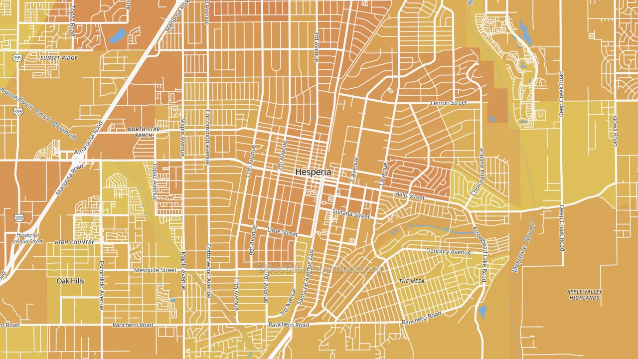 Map of the best neighborhoods in the 92345 area, with better matches in green and worse matches in red