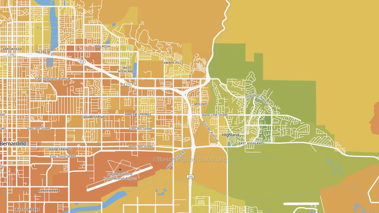 Map of the best neighborhoods in the 92346 area, with better matches in green and worse matches in red
