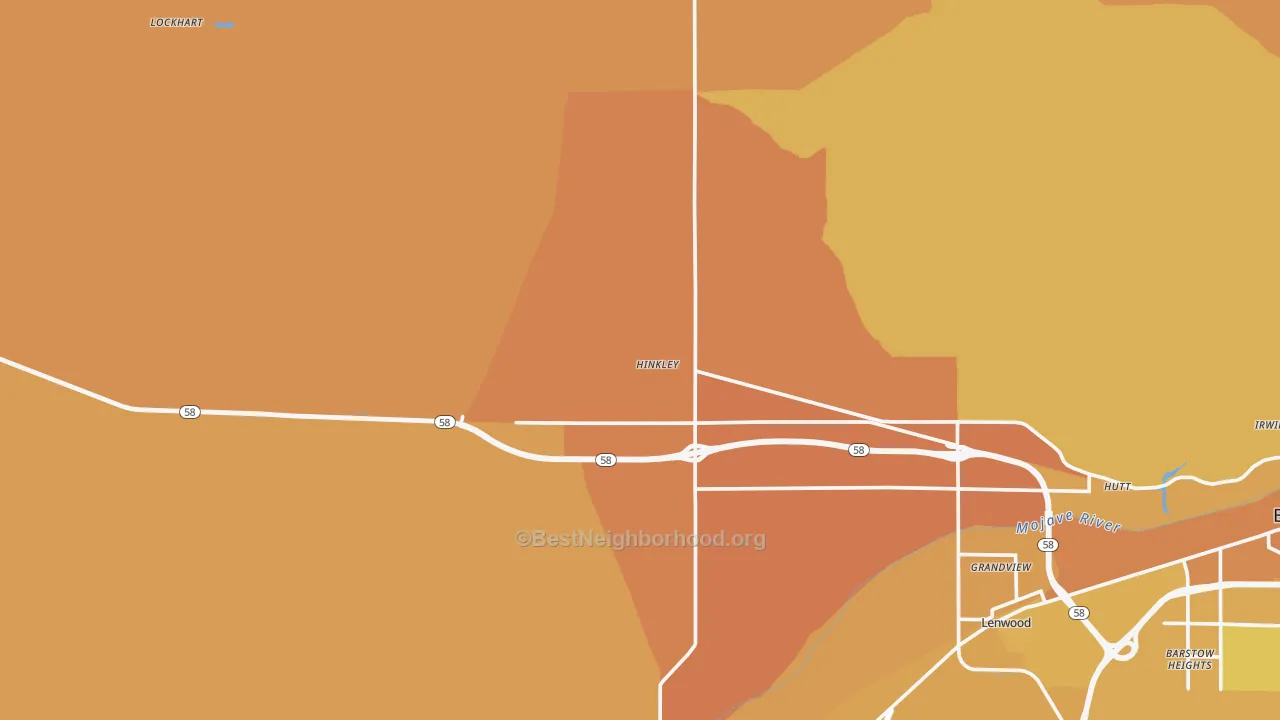 Map of the best neighborhoods in the 92347 area, with better matches in green and worse matches in red