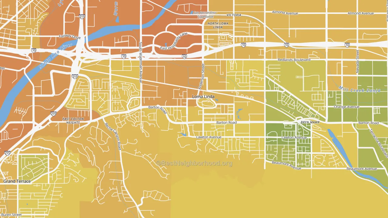 Map of the best neighborhoods in the 92350 area, with better matches in green and worse matches in red