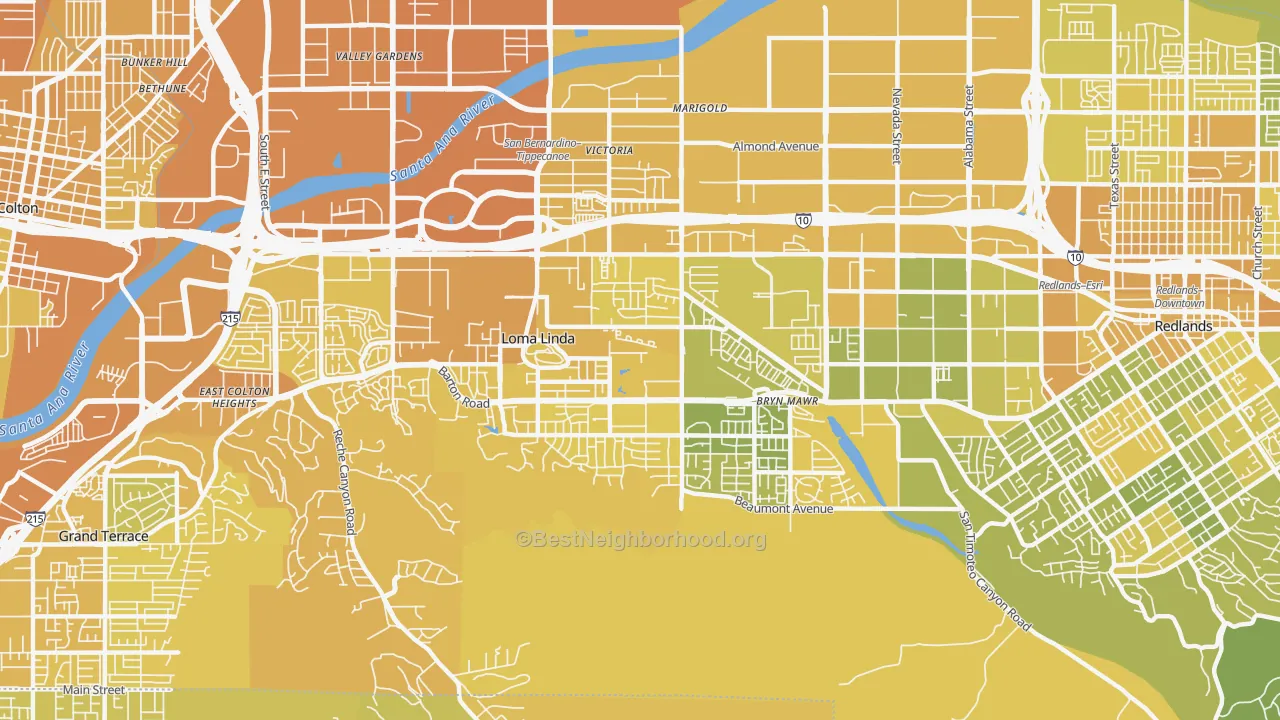 Map of the best neighborhoods in the 92354 area, with better matches in green and worse matches in red