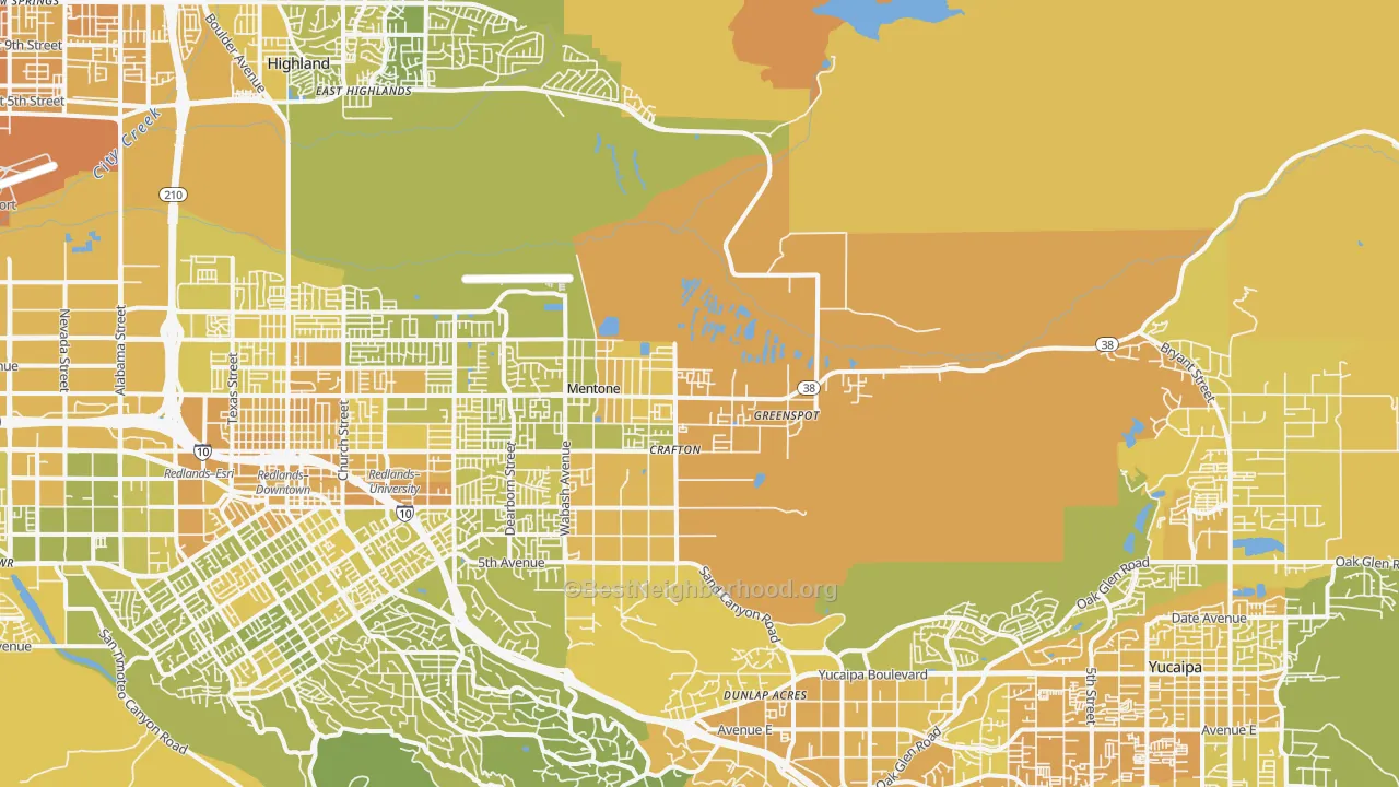 Map of the best neighborhoods in the 92359 area, with better matches in green and worse matches in red