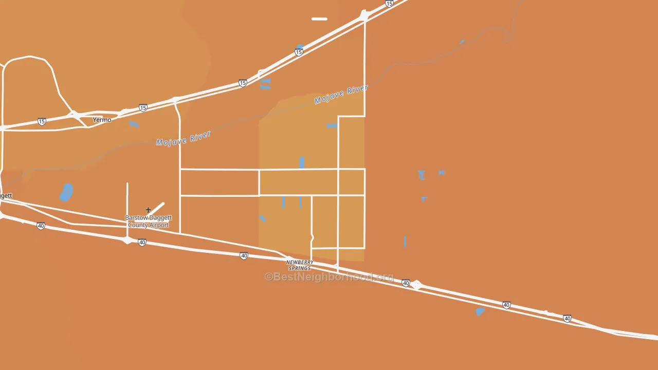 Map of the best neighborhoods in the 92365 area, with better matches in green and worse matches in red