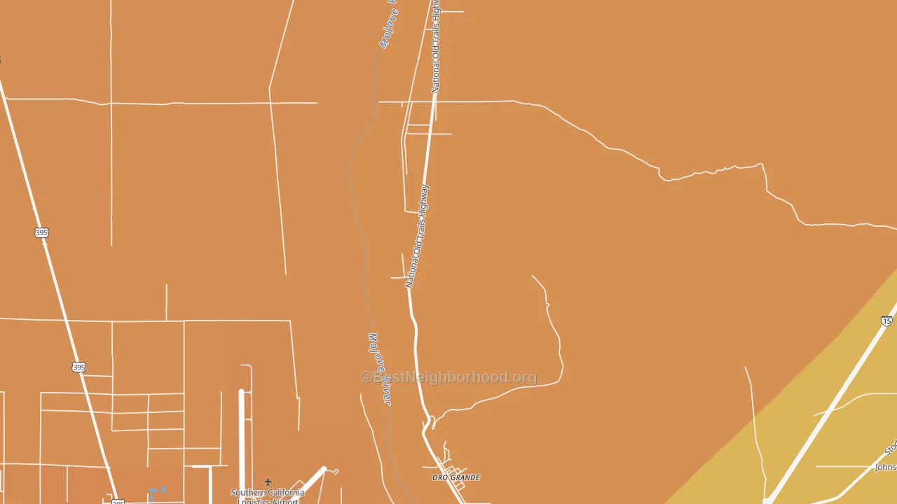 Map of the best neighborhoods in the 92368 area, with better matches in green and worse matches in red