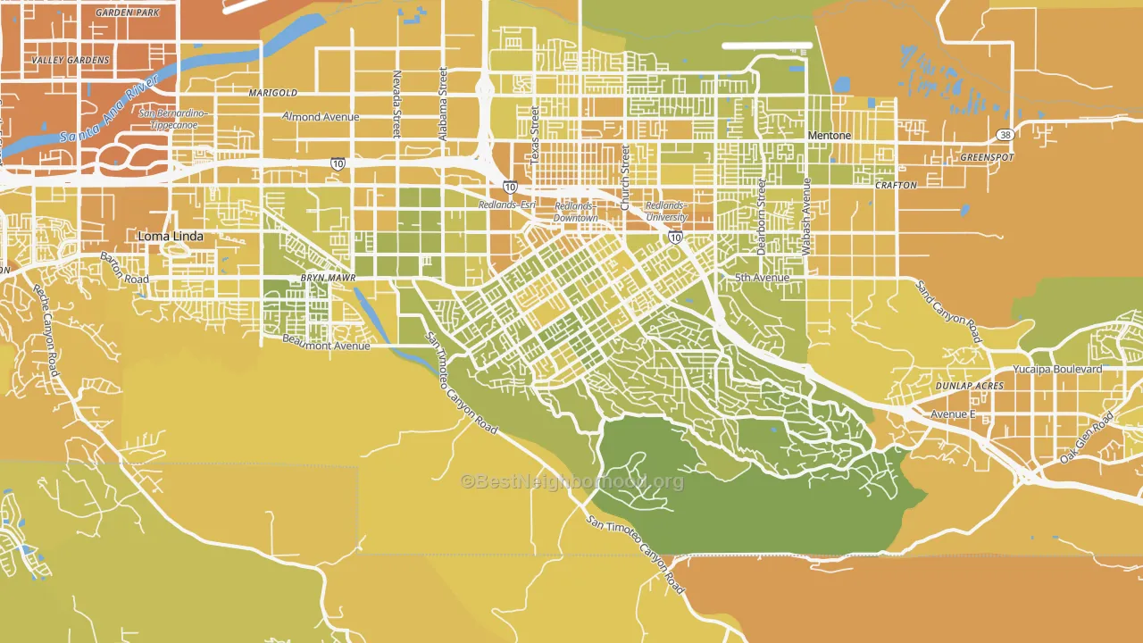 Map of the best neighborhoods in the 92373 area, with better matches in green and worse matches in red