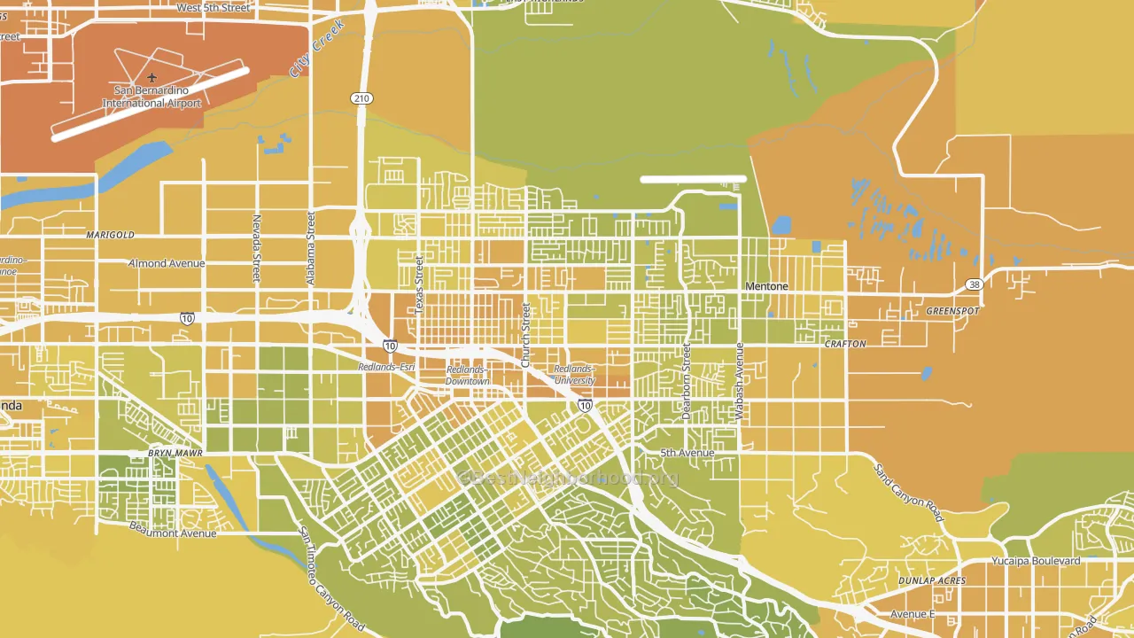 Map of the best neighborhoods in the 92374 area, with better matches in green and worse matches in red