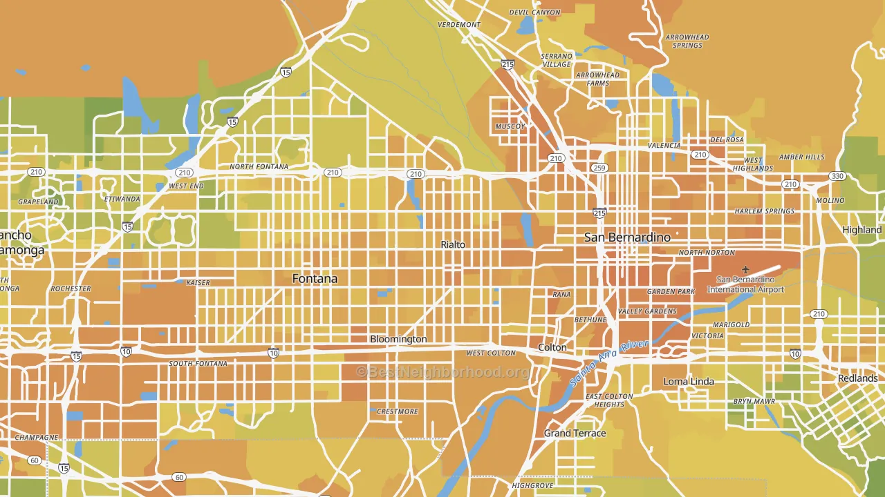 Map of the best neighborhoods in the 92376 area, with better matches in green and worse matches in red