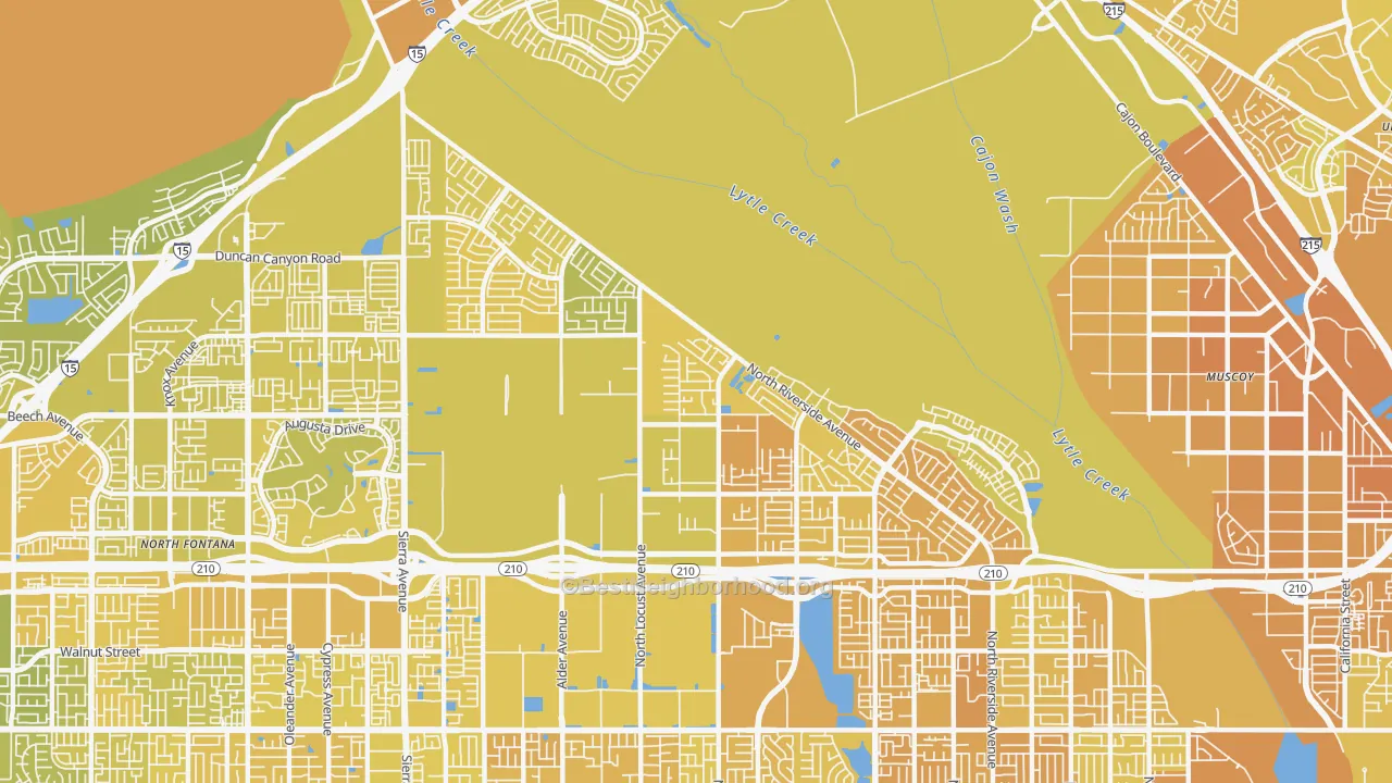 Map of the best neighborhoods in the 92377 area, with better matches in green and worse matches in red