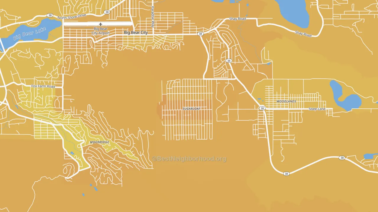Map of the best neighborhoods in the 92386 area, with better matches in green and worse matches in red