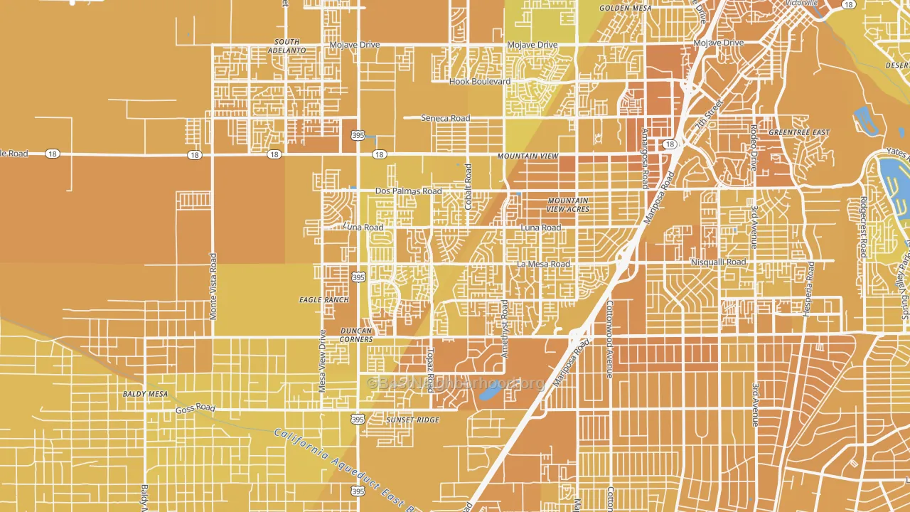 Map of the best neighborhoods in the 92392 area, with better matches in green and worse matches in red