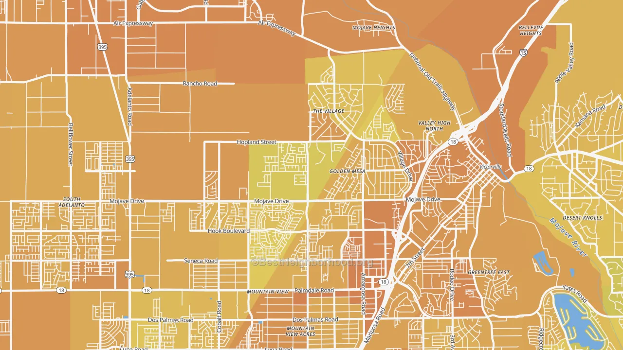 Map of the best neighborhoods in the 92394 area, with better matches in green and worse matches in red