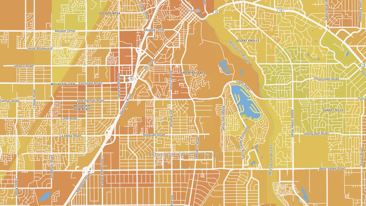 Map of the best neighborhoods in the 92395 area, with better matches in green and worse matches in red