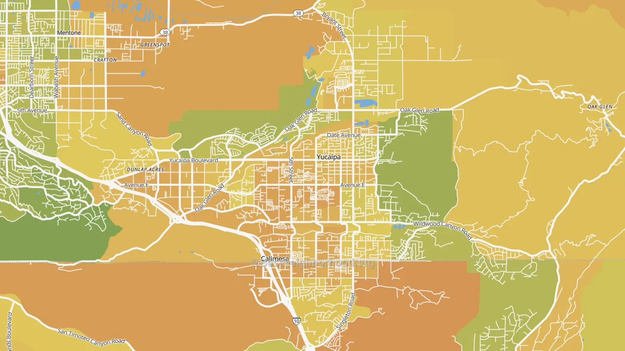 Map of the best neighborhoods in the 92399 area, with better matches in green and worse matches in red