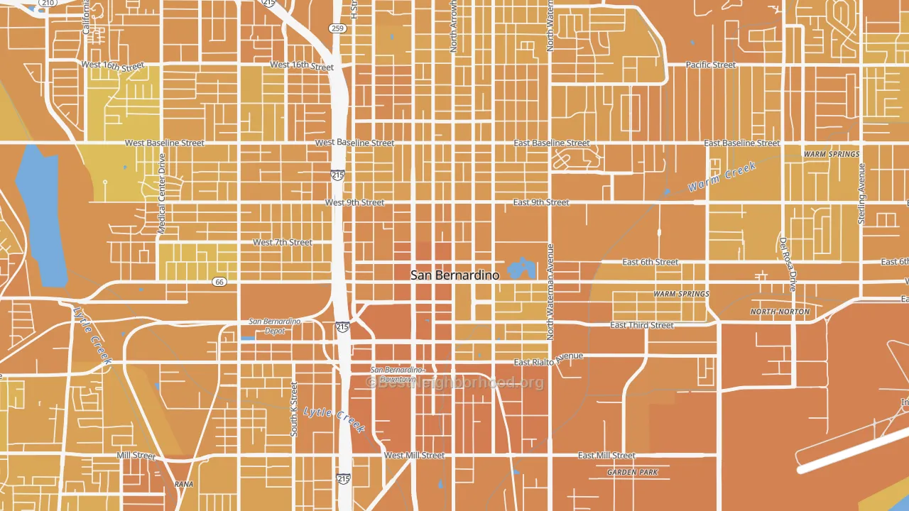 Map of the best neighborhoods in the 92401 area, with better matches in green and worse matches in red