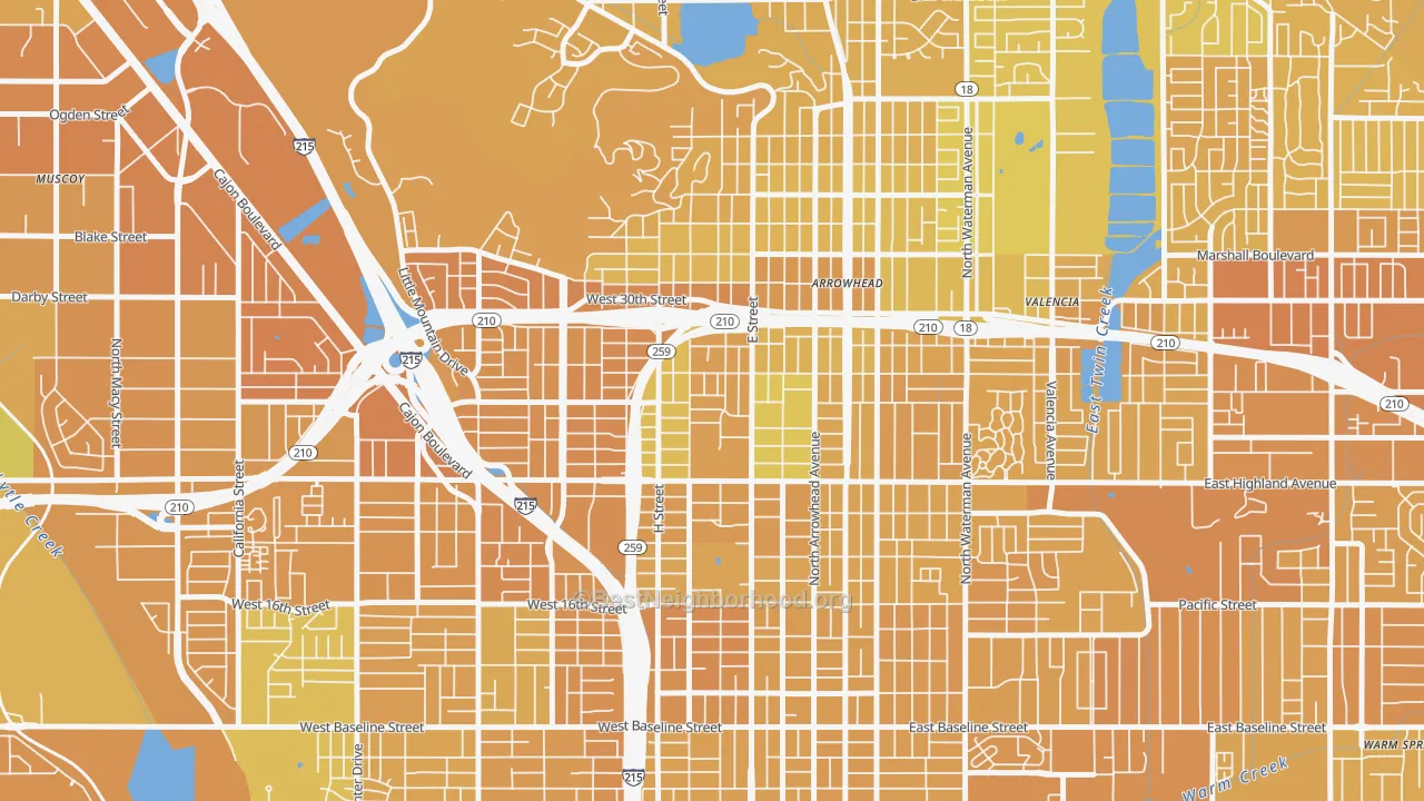 Map of the best neighborhoods in the 92405 area, with better matches in green and worse matches in red