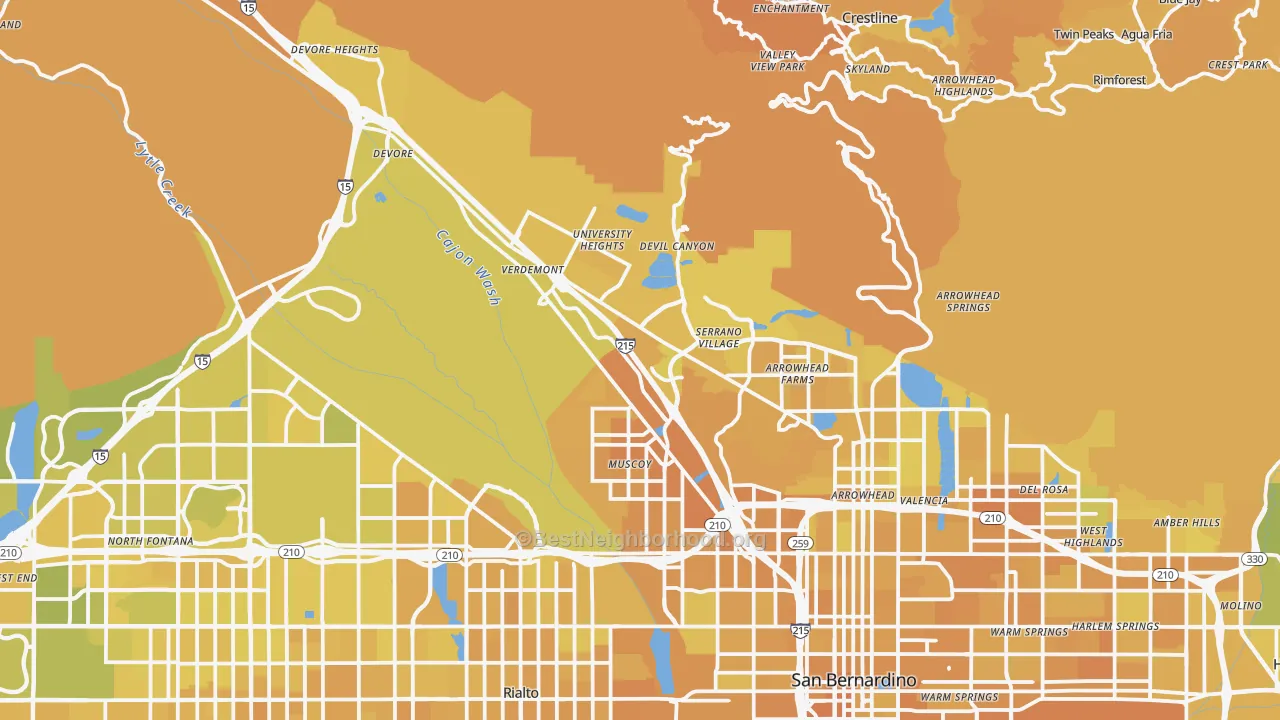 Map of the best neighborhoods in the 92407 area, with better matches in green and worse matches in red