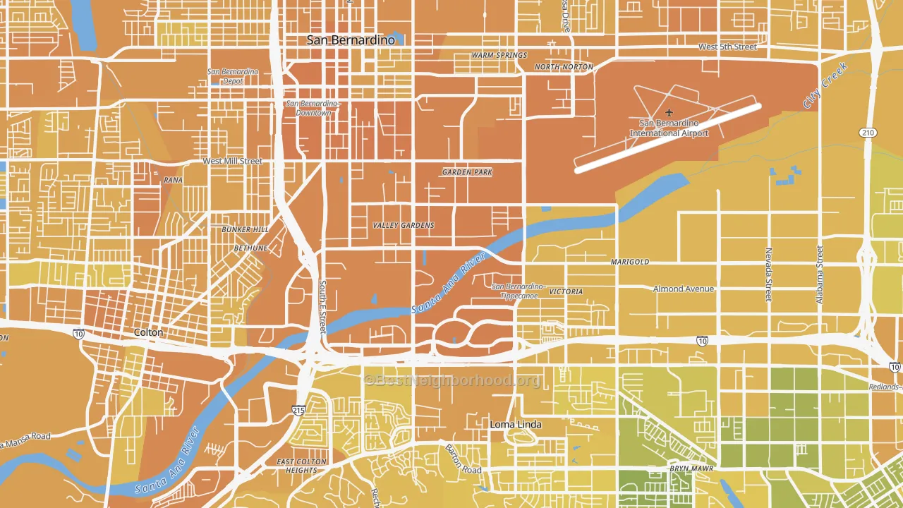 Map of the best neighborhoods in the 92408 area, with better matches in green and worse matches in red