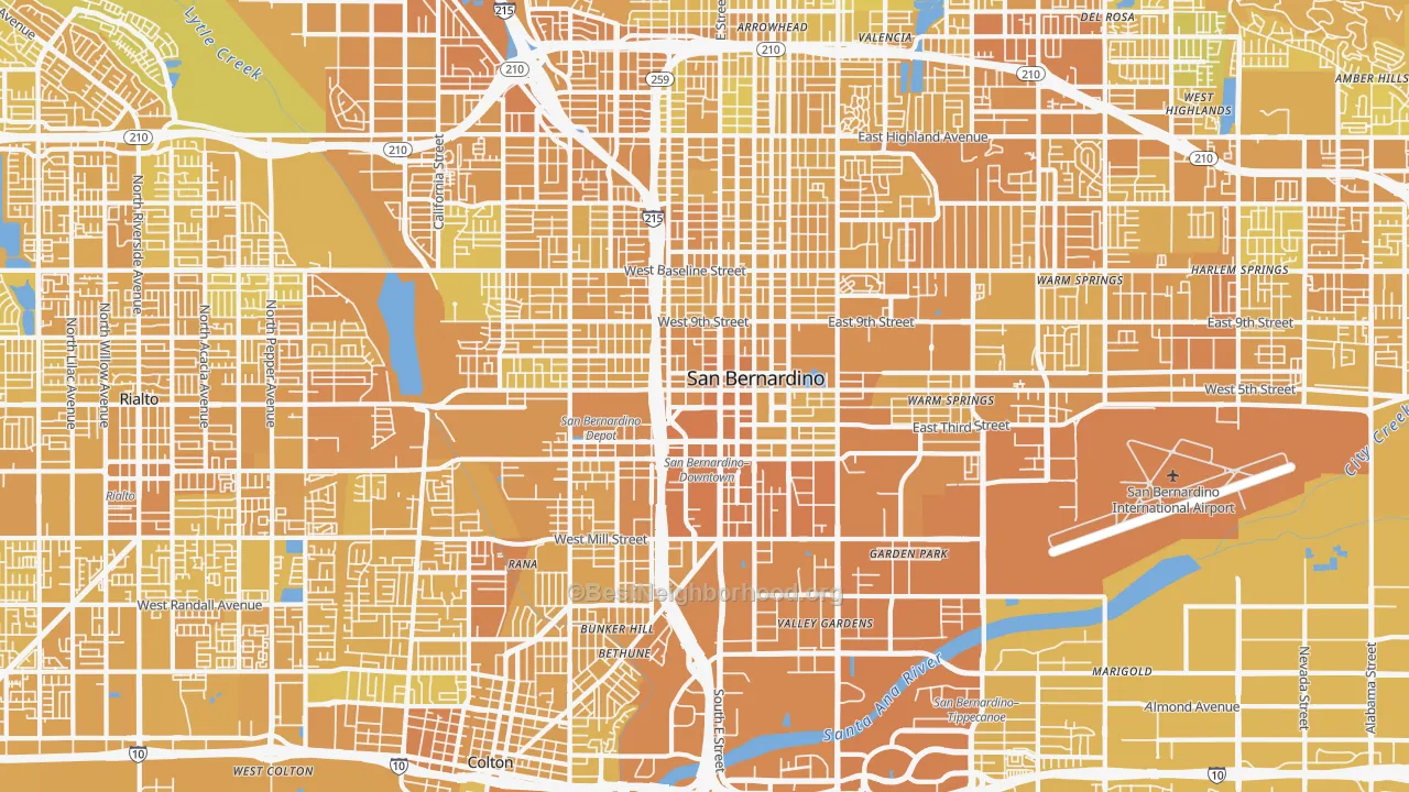 Map of the best neighborhoods in the 92410 area, with better matches in green and worse matches in red