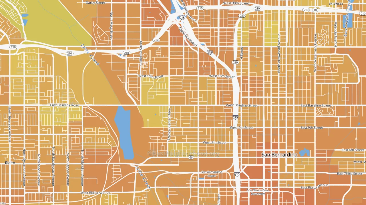 Map of the best neighborhoods in the 92411 area, with better matches in green and worse matches in red