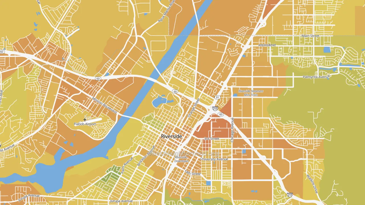 Map of the best neighborhoods in the 92501 area, with better matches in green and worse matches in red