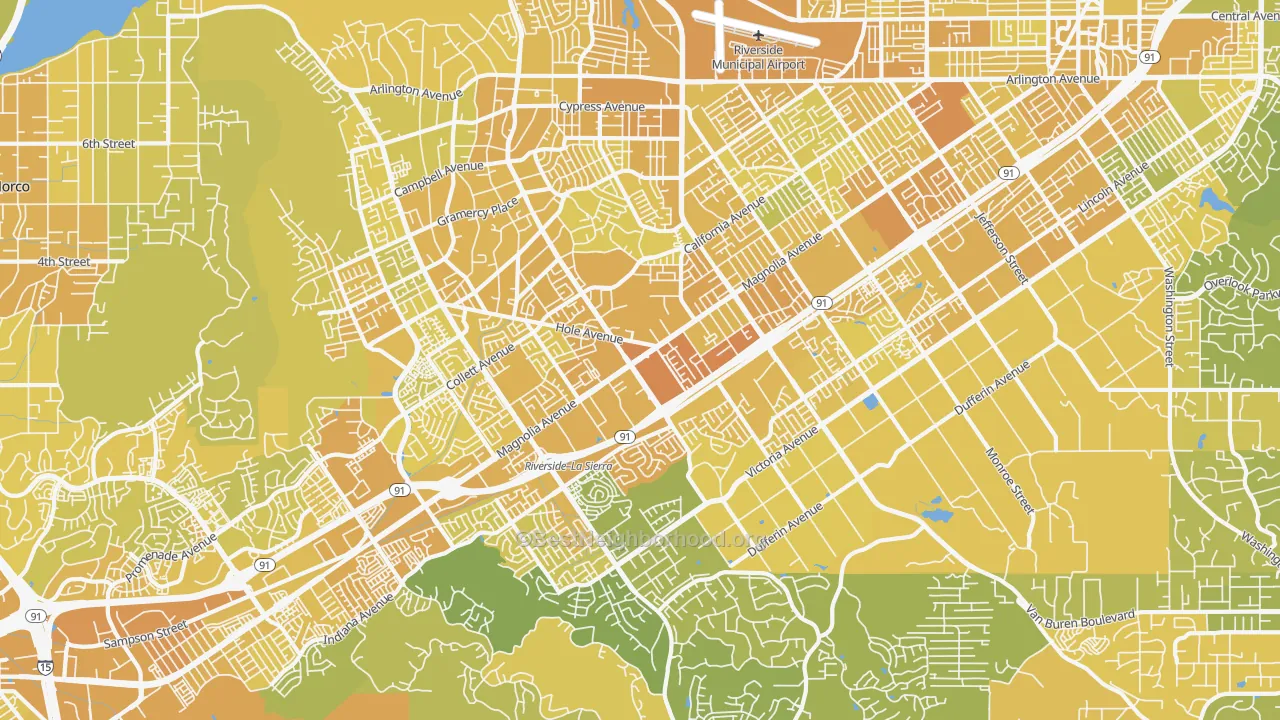 Map of the best neighborhoods in the 92503 area, with better matches in green and worse matches in red