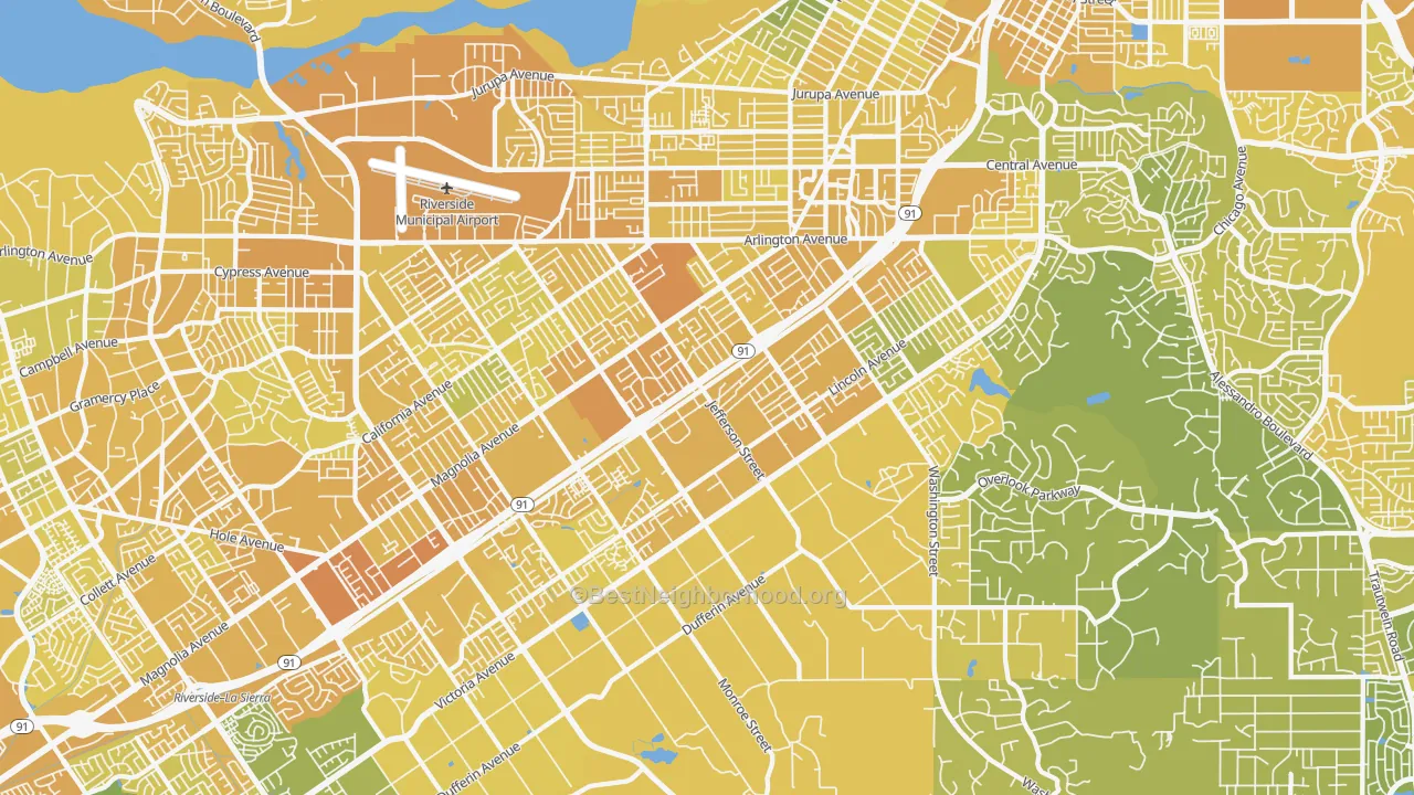 Map of the best neighborhoods in the 92504 area, with better matches in green and worse matches in red