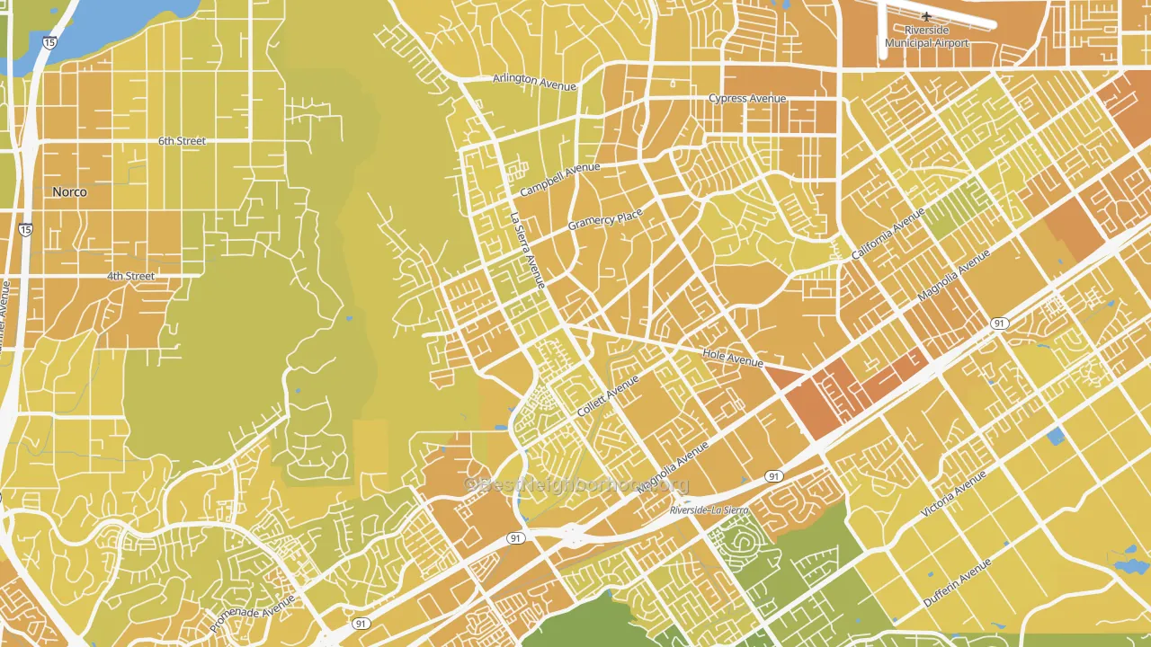 Map of the best neighborhoods in the 92505 area, with better matches in green and worse matches in red