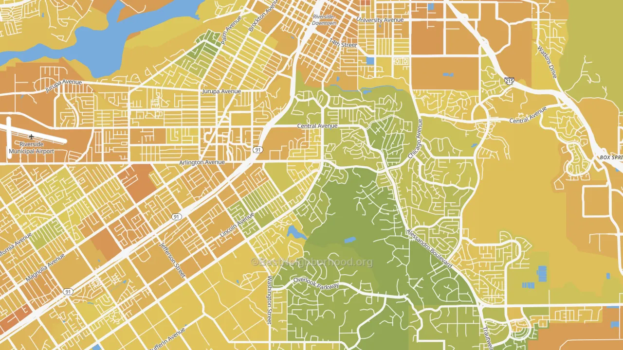 Map of the best neighborhoods in the 92506 area, with better matches in green and worse matches in red
