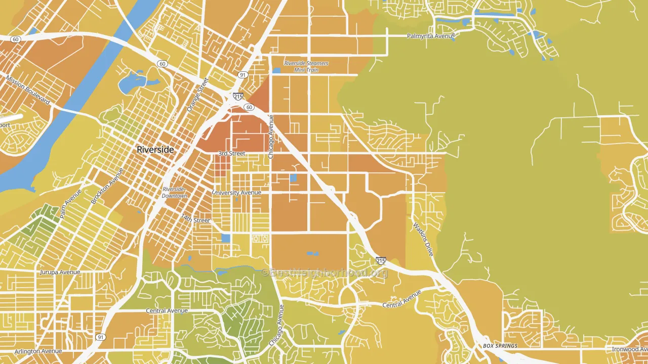 Map of the best neighborhoods in the 92507 area, with better matches in green and worse matches in red