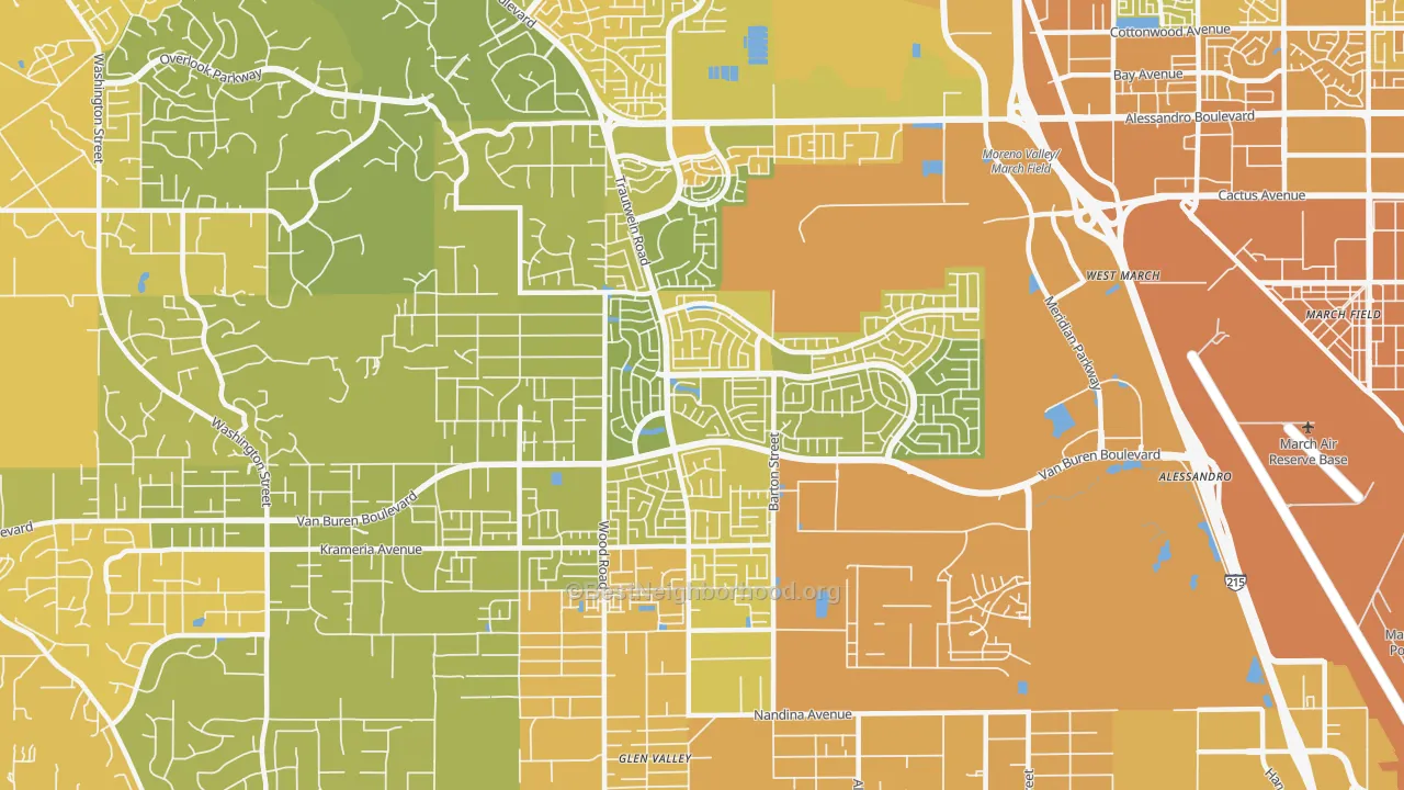 Map of the best neighborhoods in the 92508 area, with better matches in green and worse matches in red