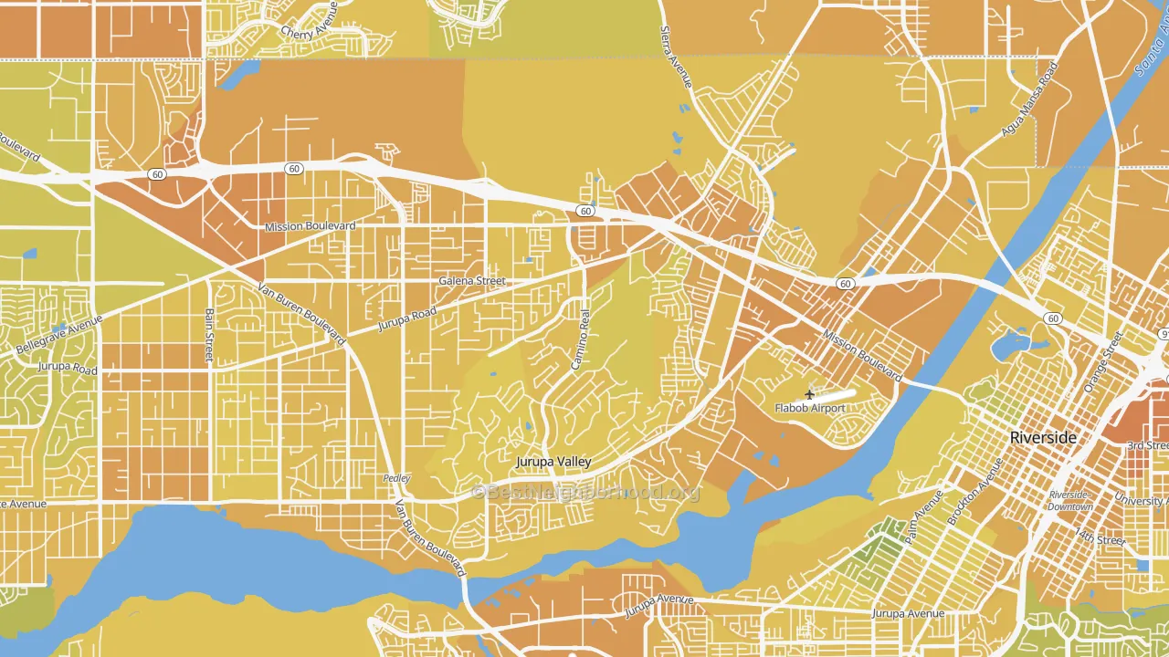 Map of the best neighborhoods in the 92509 area, with better matches in green and worse matches in red