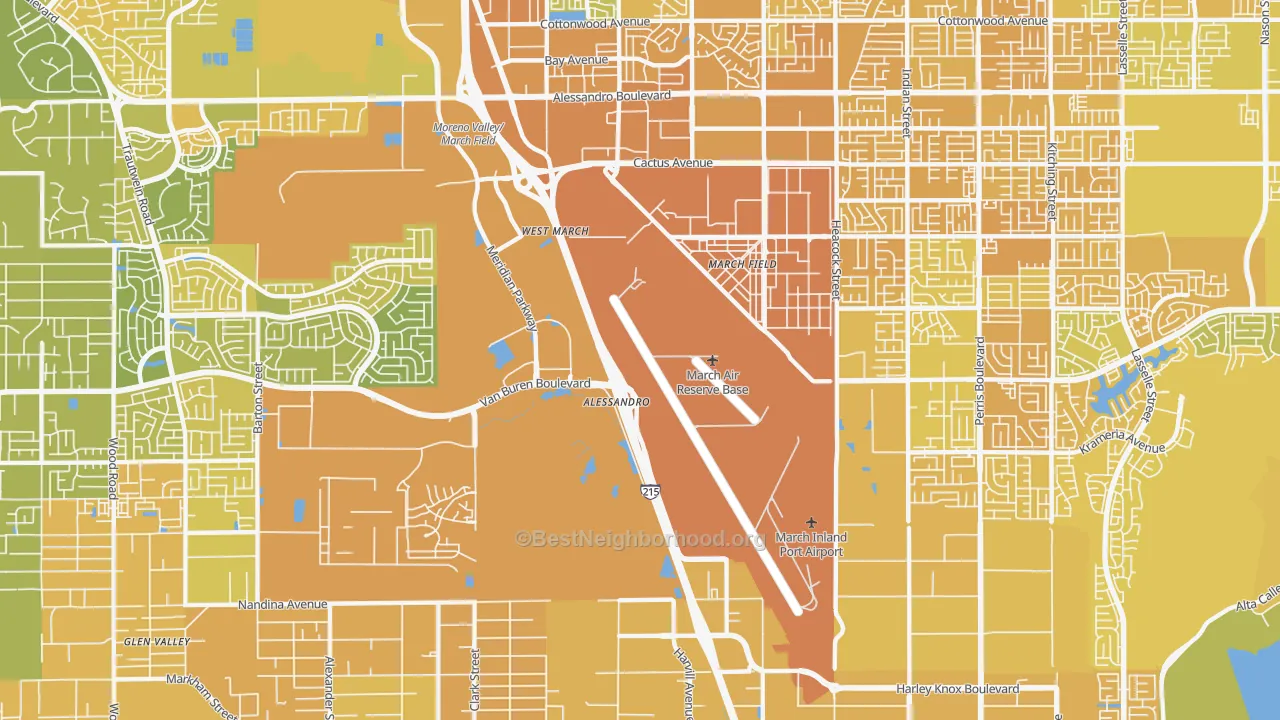 Map of the best neighborhoods in the 92518 area, with better matches in green and worse matches in red