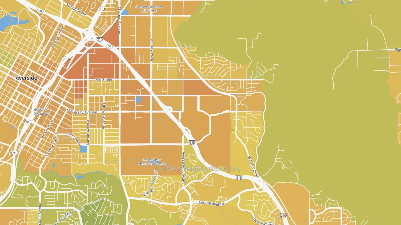 Map of the best neighborhoods in the 92521 area, with better matches in green and worse matches in red