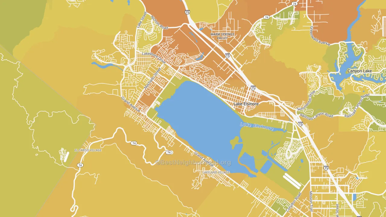 Map of the best neighborhoods in the 92530 area, with better matches in green and worse matches in red