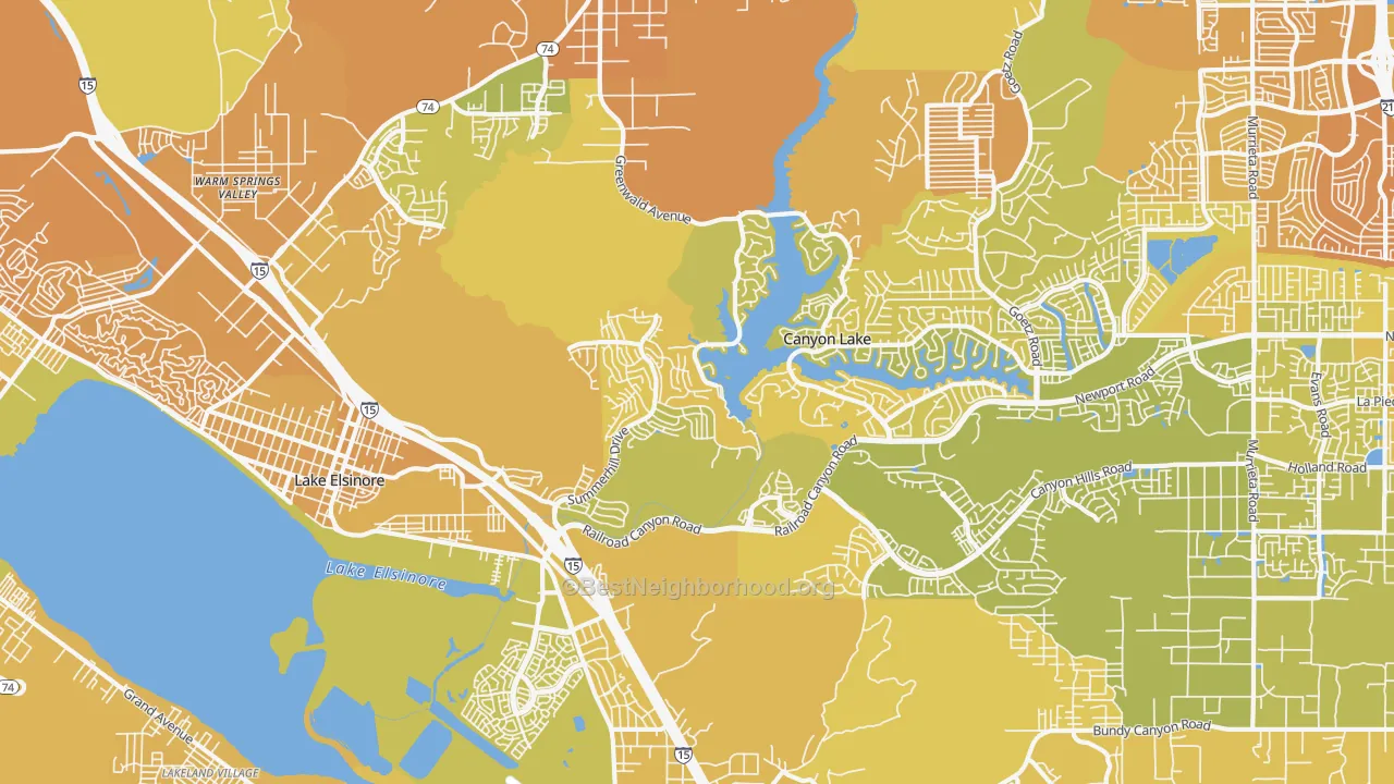 Map of the best neighborhoods in the 92532 area, with better matches in green and worse matches in red