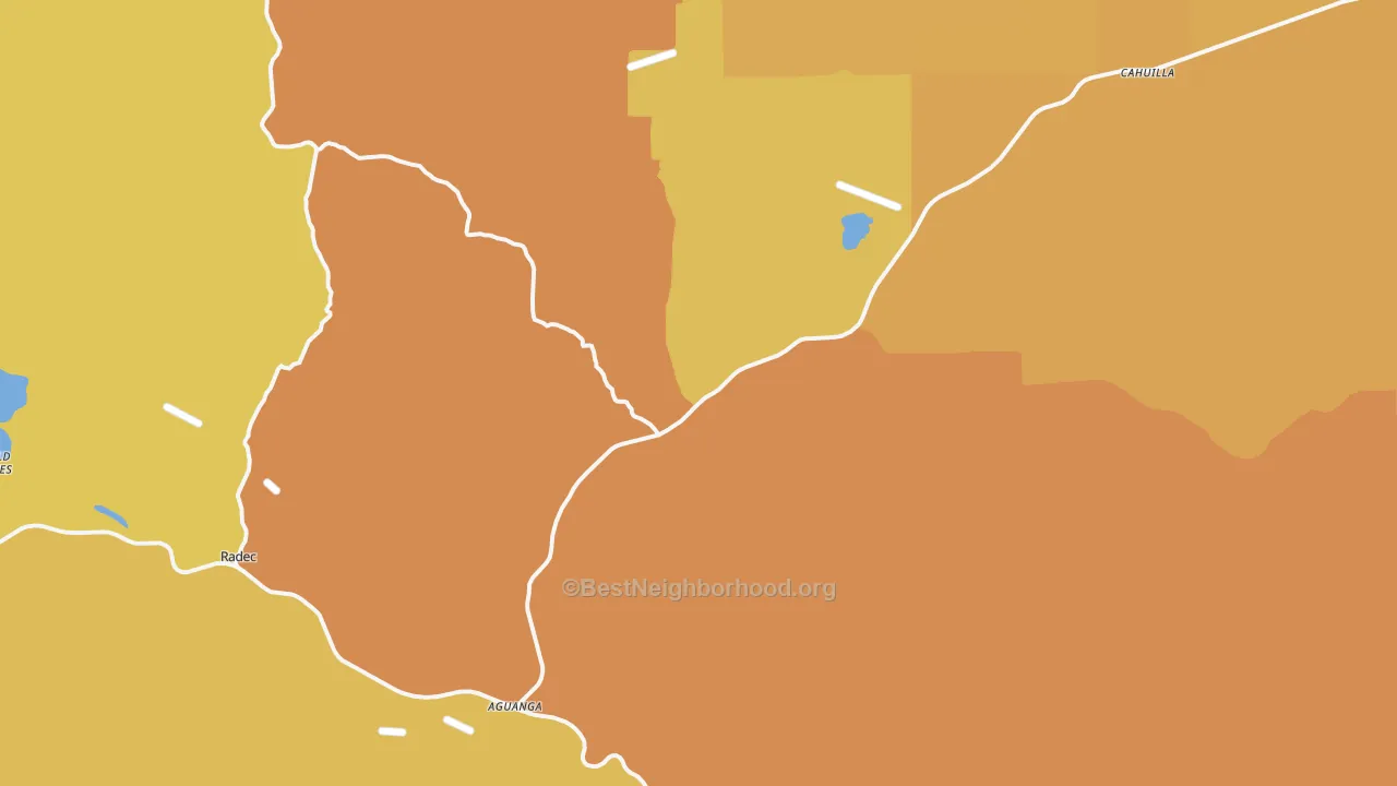 Map of the best neighborhoods in the 92536 area, with better matches in green and worse matches in red