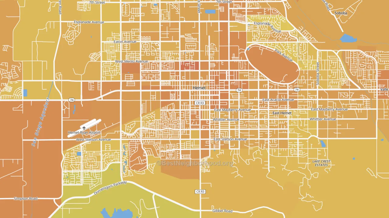 Map of the best neighborhoods in the 92543 area, with better matches in green and worse matches in red