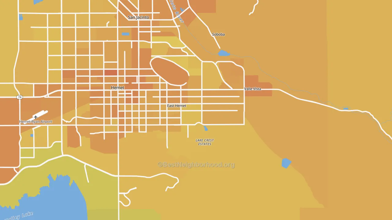 Map of the best neighborhoods in the 92544 area, with better matches in green and worse matches in red
