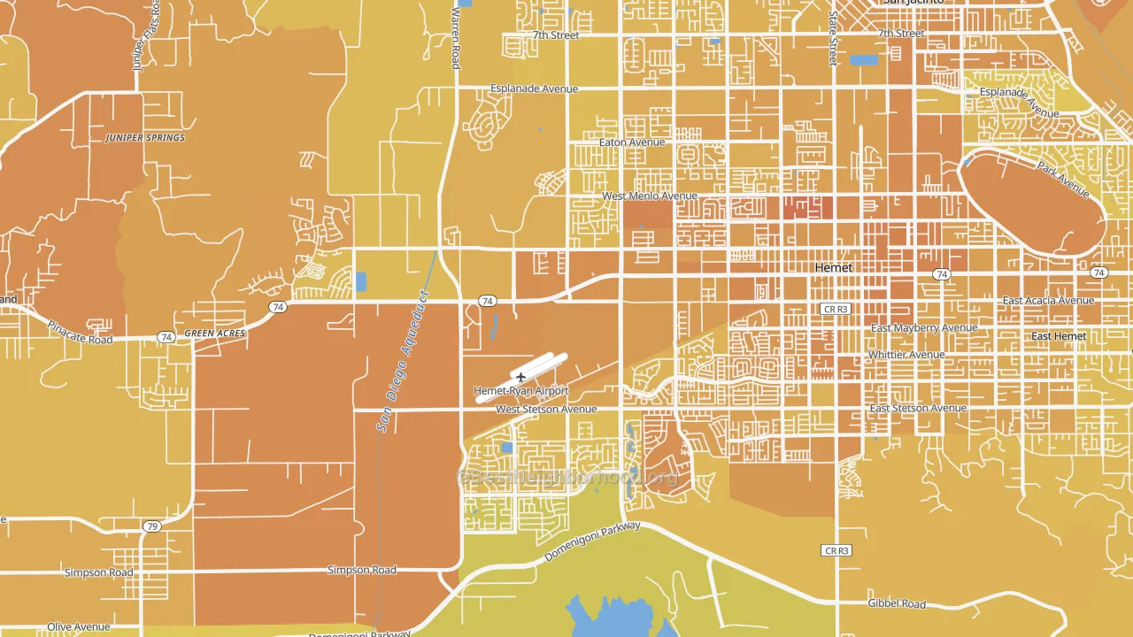 Map of the best neighborhoods in the 92545 area, with better matches in green and worse matches in red