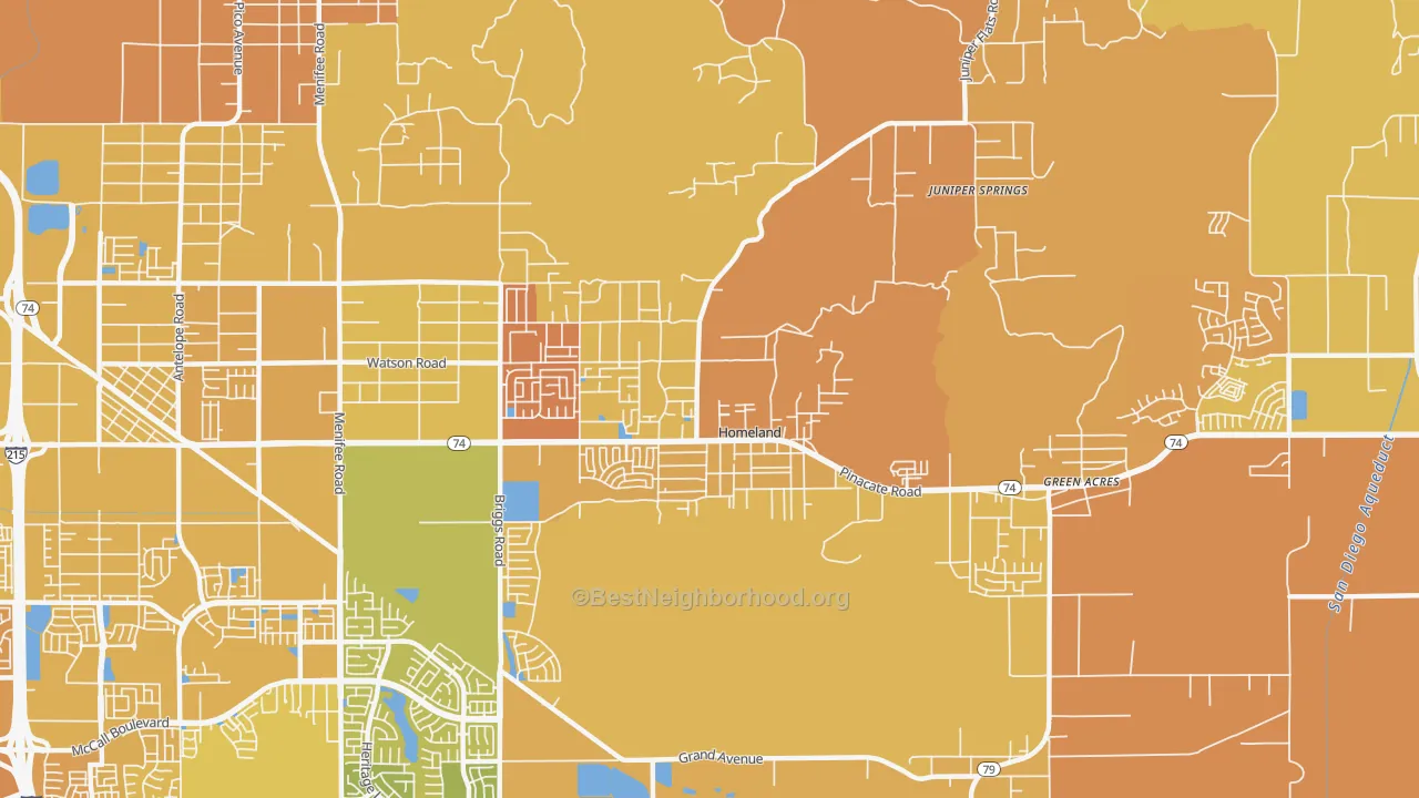 Map of the best neighborhoods in the 92548 area, with better matches in green and worse matches in red