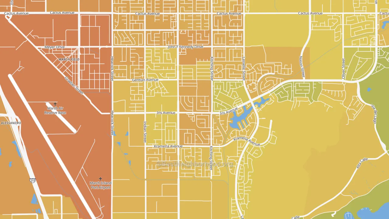 Map of the best neighborhoods in the 92551 area, with better matches in green and worse matches in red
