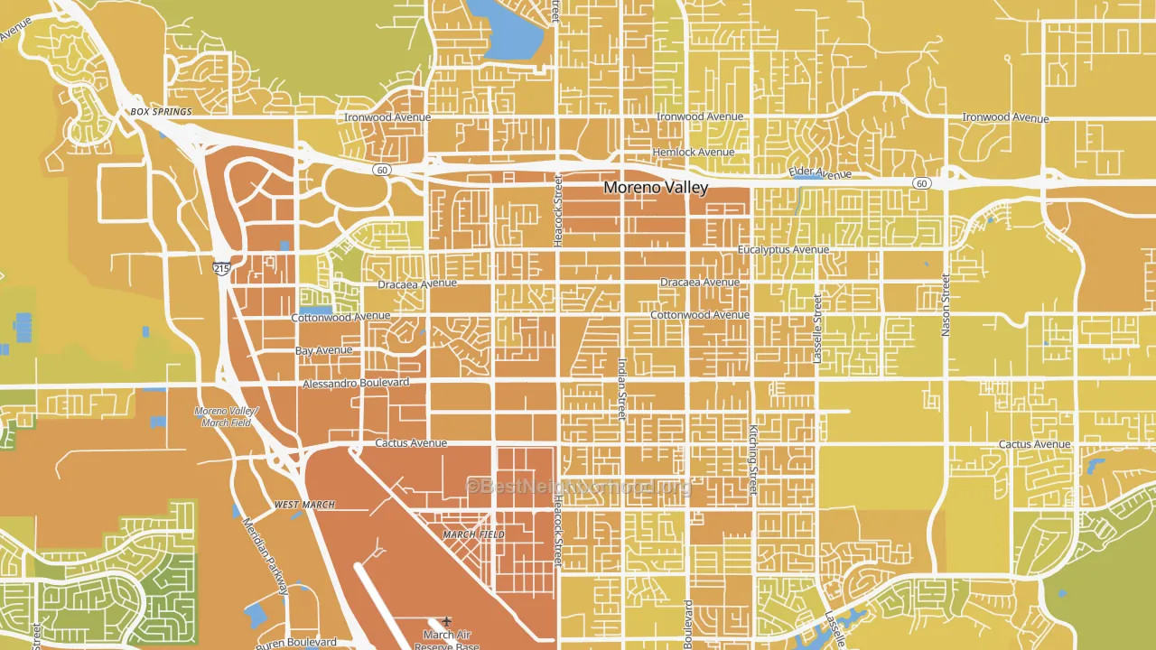 Map of the best neighborhoods in the 92553 area, with better matches in green and worse matches in red