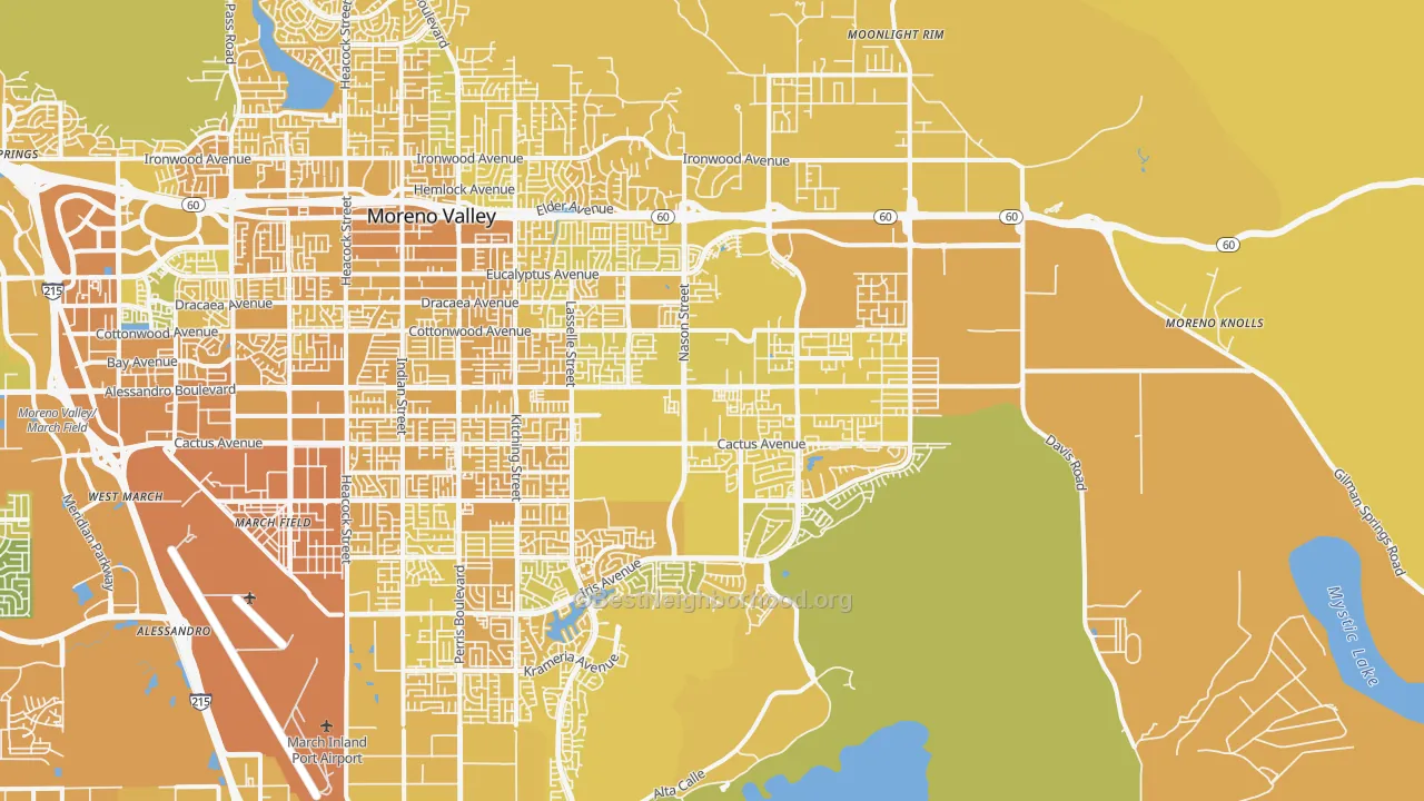 Map of the best neighborhoods in the 92555 area, with better matches in green and worse matches in red